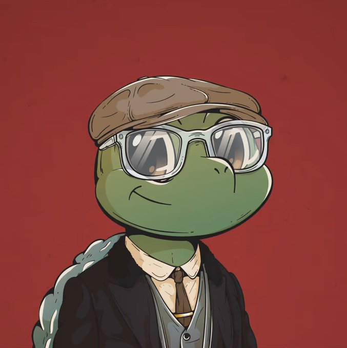 The image features a cartoon turtle wearing glasses, a tie, and a suit jacket with a bowtie. The turtle appears to be smiling and posing for the camera against a red background. There are no other texts or objects present in the image, making it a standalone piece of art.