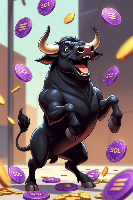 A cartoon illustration of a black bull rearing up with its mouth open, surrounded by falling purple coins labeled "SOL."