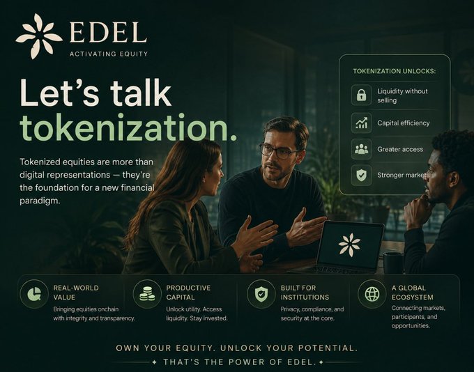 The image is a promotional graphic for "EDEL — Activating Equity" featuring the headline "Let's talk tokenization," with three professionals in a dimly lit office setting and an informational panel listing benefits like "Liquidity without selling," "Capital efficiency," "Greater access," and "Stronger markets," alongside four pillars: "Real-World Value," "Productive Capital," "Built for Institutions," and "A Global Ecosystem," closing with the tagline "Own your equity. Unlock your potential."

The post highlights the massive size gap between global equity markets and crypto, arguing that tokenization will shift the conversation from how to bring stocks onchain to what becomes possible once they are—directly mirroring EDEL's value proposition of unlocking liquidity, capital efficiency, and broader market access through tokenized equities.