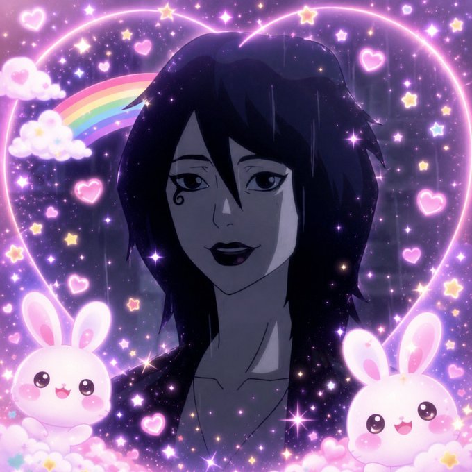 An anime-style illustration of a dark-haired character with a teardrop tattoo under one eye, surrounded by a glowing pink heart, a rainbow, stars, and two cute white bunnies on a purple cosmic background.