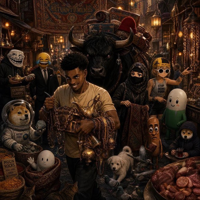 A vibrant marketplace scene filled with surreal figures—including an astronaut doge ("ASTRO DOGE"), a trollface, a crying emoji, and a "GENUINE LAMPS" merchant—gathers around a bull laden with treasure, mirroring the post's theme of redirecting Pump.fun creator fees (over $1.37M in two weeks) back to $ANSEM holders rather than chasing typical pump-and-dump gains. Signs reading "MOON ROCKS" and "RETURN THE MEMES" reinforce the satirical take on smart money redistributing value within the meme coin ecosystem.