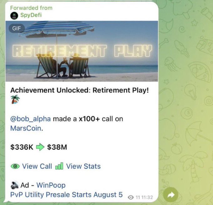 A Telegram message from SpyDefi announces "Achievement Unlocked: Retirement Play!" with a beach GIF, highlighting that @bob_alpha turned $336K into $38M on MarsCoin. The image serves as the celebratory announcement paired with the post's boast about being an early shiller of $MARSCOIN and turning $390K into a 1338x retirement-level gain.