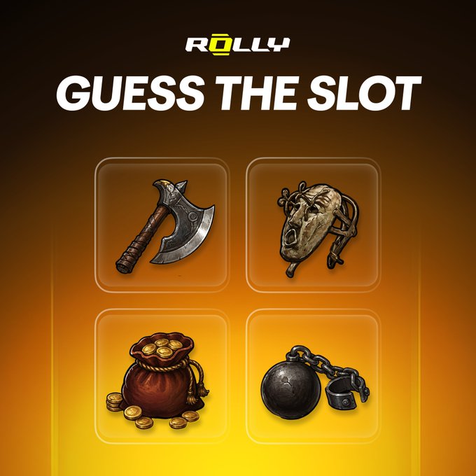 A "Guess the Slot" promotional graphic by Rolly featuring four mystery slot game icons—a battle axe, a screaming mask, a bag of gold coins, and a ball and chain—set against an orange background with the text "GUESS THE SLOT" prominently displayed.