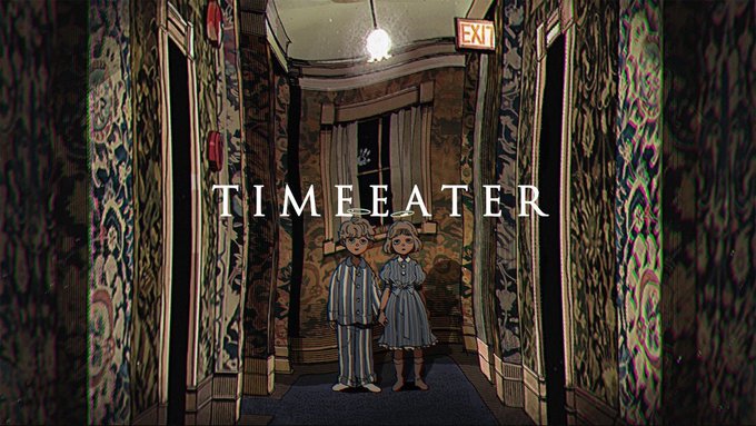 Two children holding hands stand in a dimly lit, patterned hallway with an EXIT sign glowing above a dark doorway, while the word "TIMEEATER" appears prominently across the center of the scene in bold white letters.
