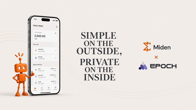 A promotional image for 'Miden x Epoch' featuring a smartphone mockup showing a Miden Wallet interface, alongside the text 'SIMPLE ON THE OUTSIDE, PRIVATE ON THE INSIDE' and a small orange robot mascot.