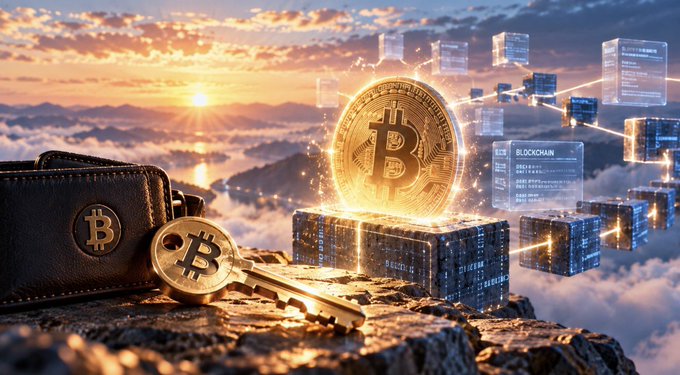A golden Bitcoin sits atop a blockchain data cube beside a leather wallet and key, symbolizing how Bitcoin ownership is secured by a private key rather than stored as a physical file—matching the post's explanation that BTC records live on the blockchain while keys control access.