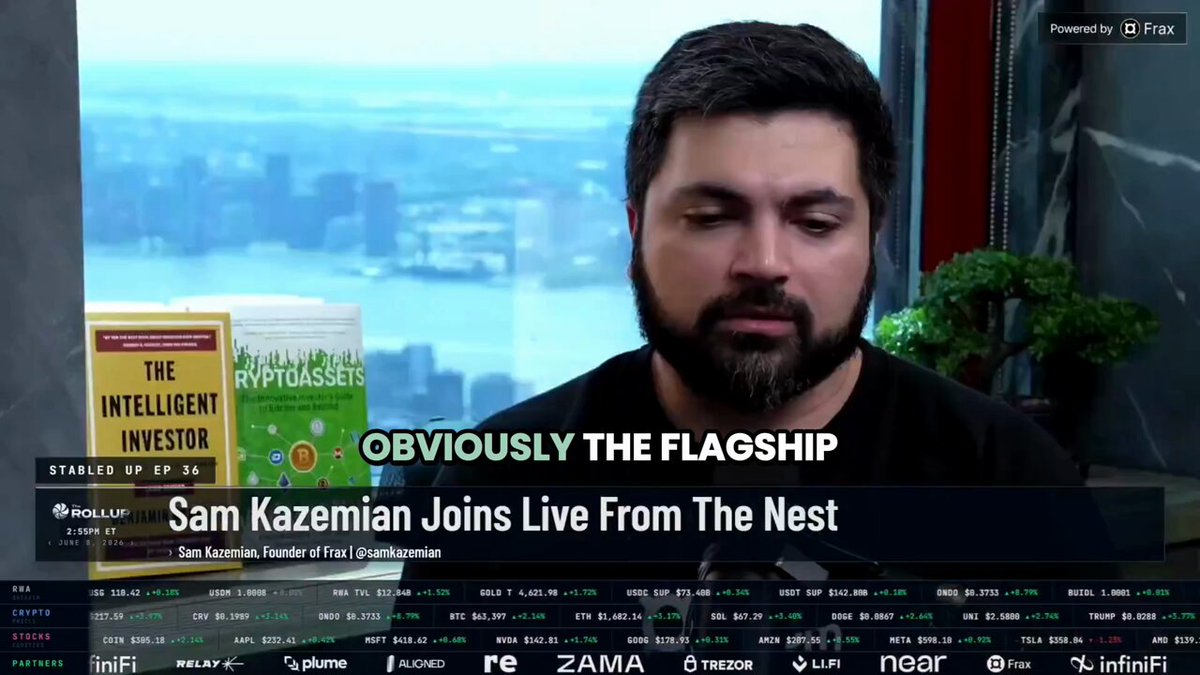The image shows a man sitting at a desk with a computer screen displaying an article about investing, titled "obviously the flagship" by Sam Kazemian. The text also mentions that USDC and USDT share most of their holdings.