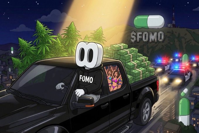 A cartoon ghost wearing a "FOMO" hoodie drives a black truck loaded with cash and cannabis, fleeing from police while a green pill labeled "$FOMO" glows above, humorously illustrating the post's reckless FOMO-driven buying of the meme coin.