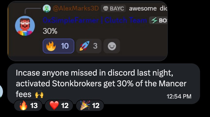 A Discord message from user "0xSimpleFarmer | Clutch Team" announces that activated Stonkbrokers receive 30% of the Mancer fees, referencing the $STONKBROKER, $DERP, and $MANCER tokens mentioned in the post. The message shows 13 fire, 12 heart, and 12 party reactions at 12:54 PM.