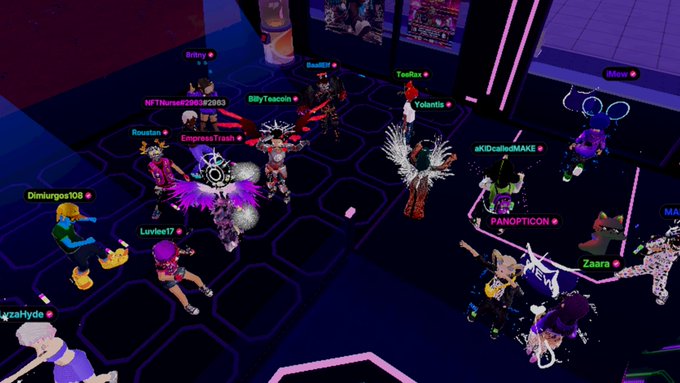 A virtual 3D world scene with multiple avatar characters with usernames like 'EmpressTrash,' 'NFTNurse,' 'ZeusRax,' and 'PANOPTICON' visible above their heads, set in a neon-lit digital environment.