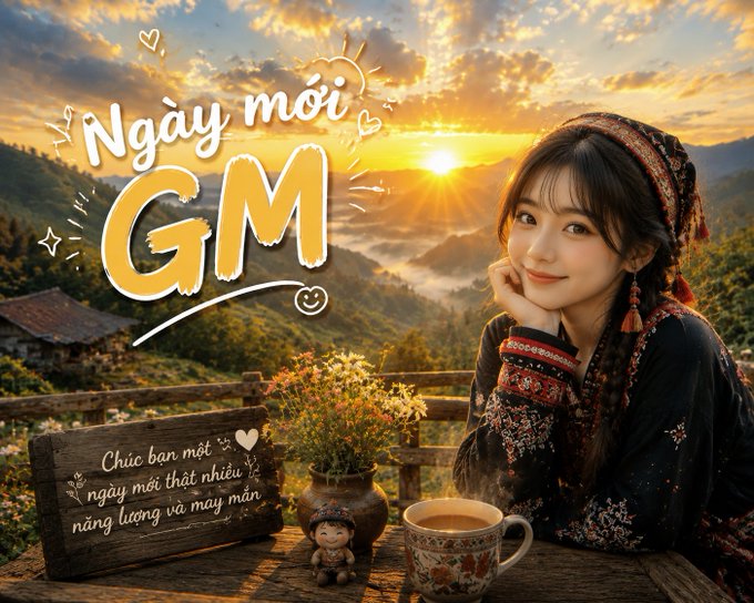 An AI-generated "Good Morning" greeting card in Vietnamese ("Ngày mới GM") featuring a smiling young woman in traditional ethnic attire, a sunrise over misty mountains, and a steaming cup of coffee.