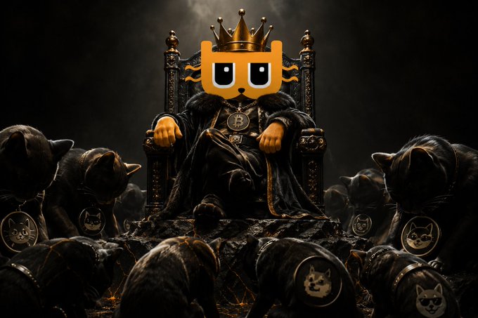 A stylized digital artwork depicting a crowned figure wearing a Bitcoin logo mask and a Bitcoin medallion, sitting on a throne surrounded by black cats wearing Dogecoin medallions.