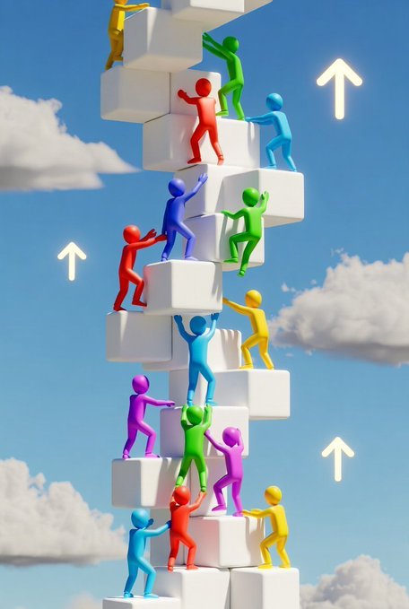 A 3D illustration of colorful figures climbing a spiraling tower of white blocks with upward arrows against a cloudy blue sky.