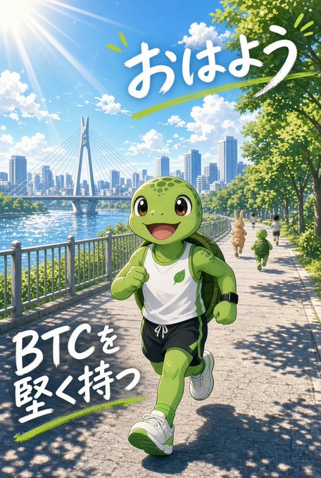 Anime-style illustration of a cute green turtle in athletic wear jogging along a riverside path with a bridge and city skyline, with Japanese text 'おはよう' (Good morning) and 'BTCを堅く持つ' (Hold BTC firmly).