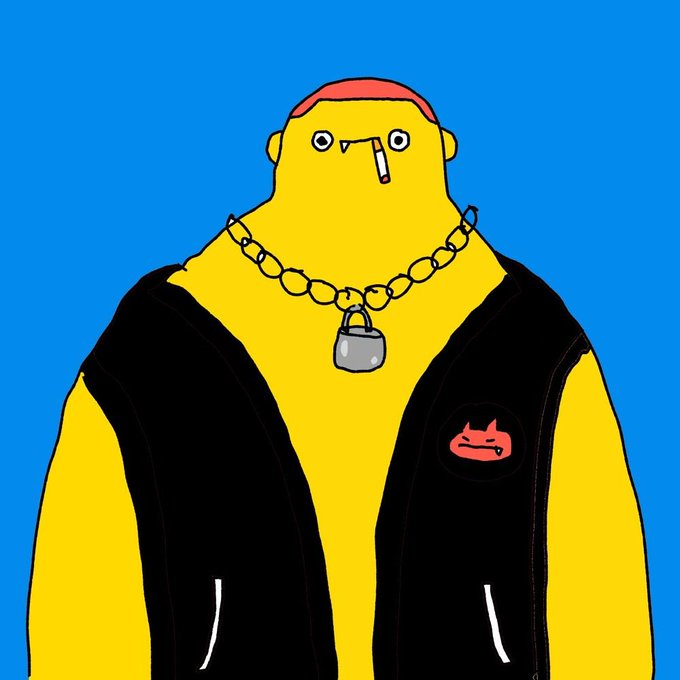 A cartoon illustration of a yellow character wearing a black hoodie with a red cat logo, a red headband, a gold chain with a padlock, and a cigarette in its mouth against a blue background.