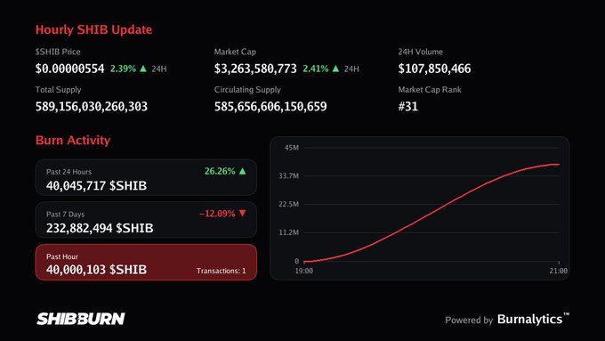 An SHIB cryptocurrency dashboard titled 'Hourly SHIB Update' showing SHIB Price at $0.00000554 (+2.39%), Market Cap $3,263,580,773 (+2.41%), 24H Volume $107,850,466, and Burn Activity tracking ~40 million SHIB burned in the past hour.