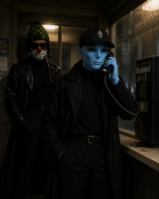 A cinematic image showing a blue-skinned figure in a black cap and coat using a payphone, while behind them stands a person in a checkered beanie, black leather jacket, and a white clown-like mask.