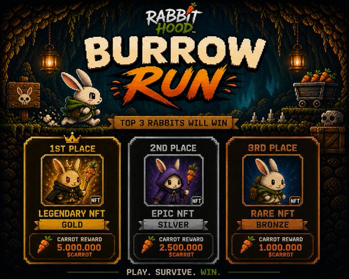 A promotional graphic for "Rabbit Hood BURROW RUN" shows the top 3 prizes: 1st place (Legendary NFT Gold, 5,000,000 $CARROT), 2nd place (Epic NFT Silver, 2,500,000 $CARROT), and 3rd place (Rare NFT Bronze, 1,000,000 $CARROT).