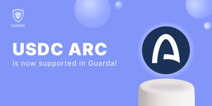 A Guarda promotional graphic announcing that 'USDC ARC is now supported in Guarda!' featuring the Guarda shield logo and a circular 'A' emblem on a purple background.