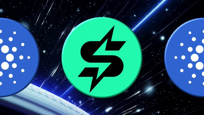 The image features the green Strike Finance logo centered between two blue Cardano ($ADA) logos against a starry space background, visually reinforcing the news that Strike Finance on Cardano has surpassed 5,100 unique traders.