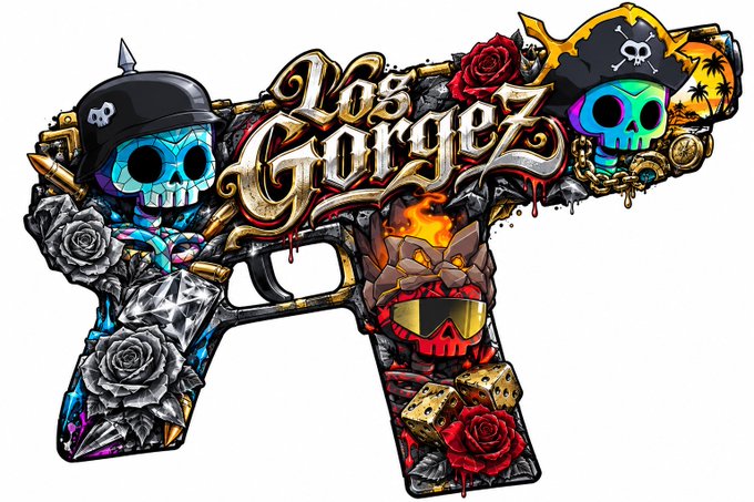 A colorful custom AR-15 style rifle graphic with 'Los Gorgez' branding, decorated with skulls, roses, dice, and tribal patterns.