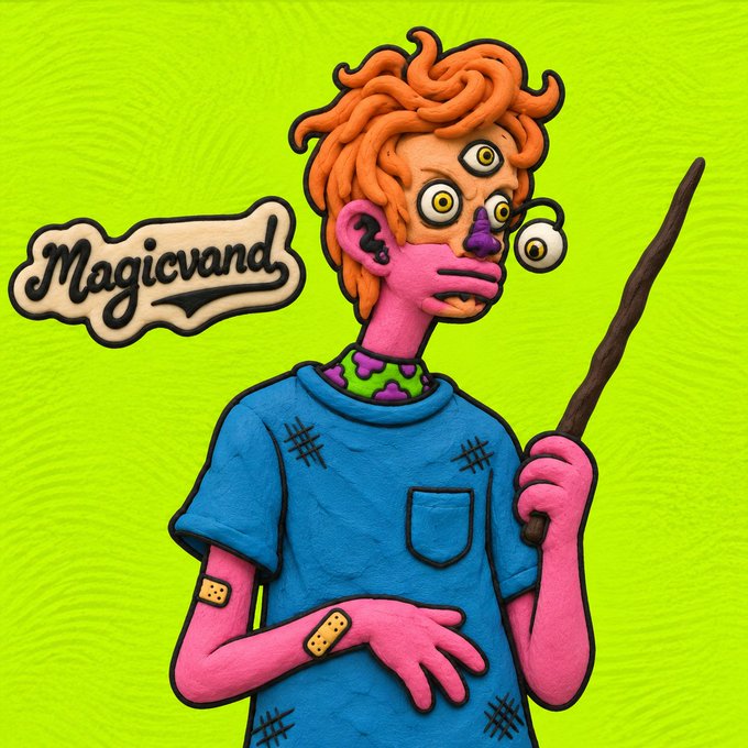 A clay-style illustration depicts a three-eyed, pink-skinned character with messy orange hair, bandages, and a blue shirt holding a wand, accompanied by the text "Magicand" in a logo-style design. The image represents one of the unique characters from the "Magicand" NFT collection referenced in the post, which highlights the project's distinct clay art style and varied traits.