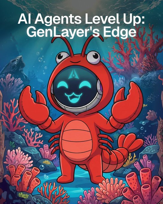 An illustrated cartoon of a smiling red lobster wearing an astronaut helmet with a digital face, set against an underwater coral reef background, with the text 'AI Agents Level Up: GenLayer's Edge'.