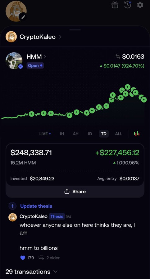 Crypto trading screenshot showing HMM token at $0.0163 with a 924.70% gain, displaying a portfolio value of $248,338.71 and a thesis from CryptoKaleo stating "hmm to billions".