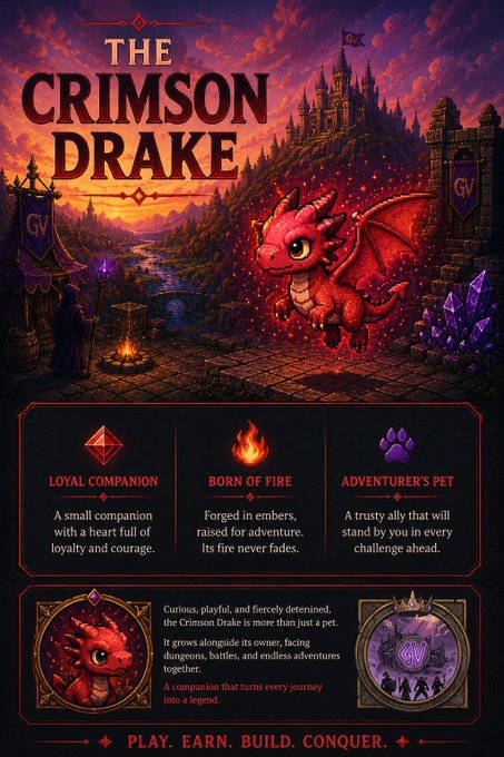 A promotional poster for "The Crimson Drake" giveaway features a cute red dragon companion perched on a castle balcony at sunset, with banners reading "GV," and showcases the pet's traits as a "Loyal Companion," "Born of Fire," and "Adventurer's Pet" with the tagline "PLAY. EARN. BUILD. CONQUER." The image visually promotes the @PlayGrindVeil giveaway of 5 Crimson Drake Pets on Solana, inviting followers, reposters, and taggers of 2 friends to enter before the 48-hour deadline.
