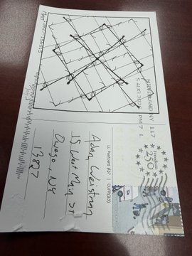 A handwritten postcard addressed to "Alan Lightman, US Poet Laureate, Chicago, IL" at 4320 N. Clarendon, featuring a custom drawing of intersecting lines and cryptopunk characters, sent by Matt and John of CryptoPunks as a personalized surprise.