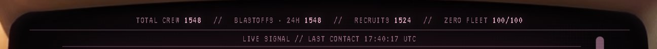 A digital display screen showing game statistics including 'TOTAL CREW 1548', 'BLASTOFFS • 24H 1548', 'RECRUITS 1524', and 'ZERO FLEET 100/100', with a 'LIVE SIGNAL // LAST CONTACT 17:40:17 UTC' indicator below.