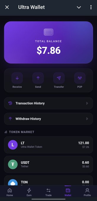 A screenshot of the Ultra Wallet app shows a total balance of $7.86, with token market details for LT ($7.26), USDT ($0.60), and TON (0.00).