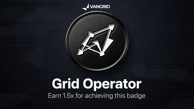 A VANGRID achievement badge graphic titled 'Grid Operator' featuring a stylized silver arrow/triangle logo on a dark circular badge, with text indicating a 1.5x reward multiplier.