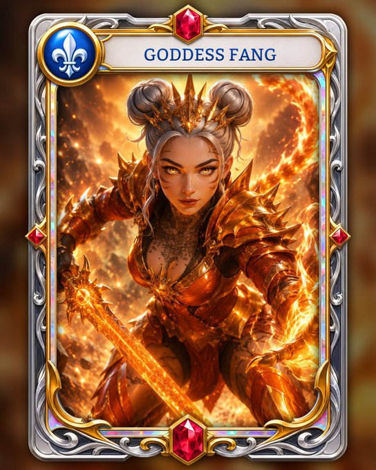 A trading card or game card titled 'GODDESS FANG' depicting a fierce female warrior in spiked golden armor wielding a glowing sword amidst flames.