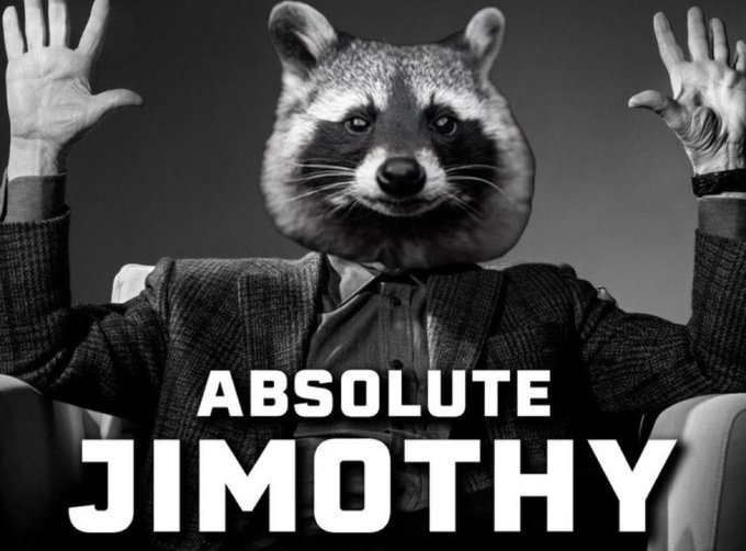 A black-and-white meme features a raccoon head photoshopped onto a man in a suit with hands raised, captioned "ABSOLUTE JIMOTHY" to humorously celebrate the Jimothy token's verification on CoinGecko and Jupiter Exchange.