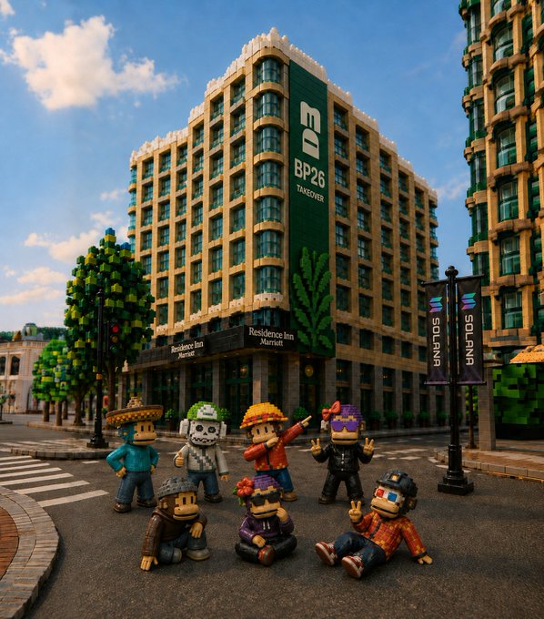 The image shows Lego-style monkey characters (Monkes) posing in front of a building labeled "Residence Inn Marriott" with signs for "BP26 TAKE OVER" and "SOLANA," relating to the post's countdown to Breakpoint 2026 in London and the preceding Solana Ecosystem Call. The stylized blocky figures represent a community building anticipation for the upcoming blockchain event.