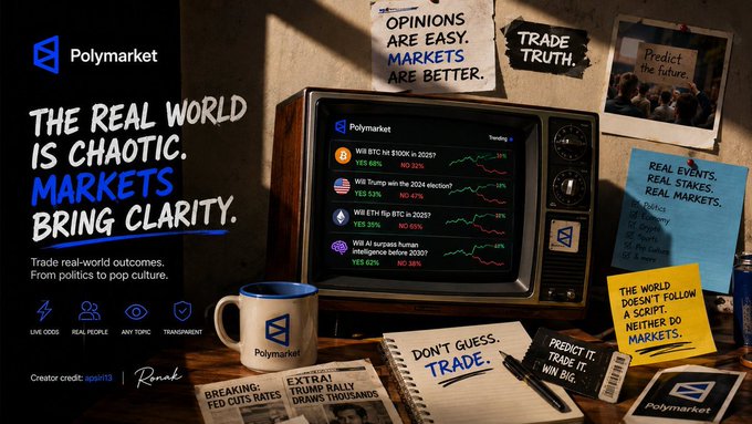 A promotional advertisement for Polymarket with the tagline 'THE REAL WORLD IS CHAOTIC. MARKETS BRING CLARITY.' showing a vintage TV displaying prediction markets for events like 'Will BTC hit $100K in 2025?' and 'Will Trump win the 2026 election?'