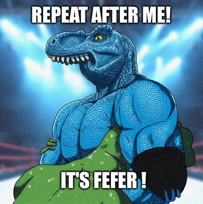 The image shows a muscular blue raptor-like dinosaur character with the text "REPEAT AFTER ME! IT'S FEFER!" overlaid on it, serving as a humorous reference to the user's mention of their "blue dinosaur, Fefer." The meme uses the imposing, chad-like depiction of the blue creature to playfully emphasize the pronunciation of "Fefer," which the user clearly found memorable during their 24-day experience with it.