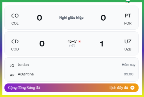 A sports betting or live score interface showing halftime and match results: Colombia (COL) 0-0 Portugal (POR) at halftime, and DR Congo (COD) 0-1 Uzbekistan (UZB) at the 45+5 minute mark with a (+7) notation, along with an upcoming match between Jordan and Argentina at 09:00 today. The image appears unrelated to the crypto/web3 project shoutouts in the accompanying post.