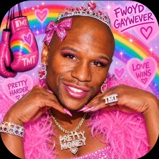 The image features Floyd Mayweather wearing a tiara, pink feather boa, drag-style makeup, and a "PRETTY MONEY" chain, surrounded by rainbow and heart graphics with text reading "FWOYD GAYWEVER," "LOVE WINS," and "PRETTY HARDER," alongside pink boxing gloves branded "TMT." The accompanying post mocks Mayweather by referencing the deletion of his associated meme coin, tying the flamboyant, satirical "Floyd Gayweather" visual to crypto criticism.