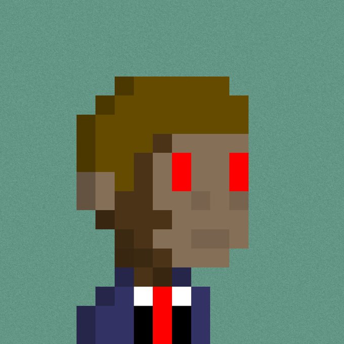 A pixel art portrait of a man with brown hair, red eyes, wearing a blue suit and red tie against a teal background.
