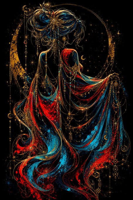 An illustration of a figure in flowing red and blue robes with intricate gold details, set against a dark background with starry elements.