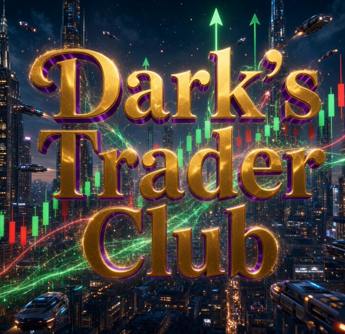 Logo banner for "Dark's Trader Club" featuring gold 3D text overlaid on a cyberpunk cityscape with green candlestick charts and upward arrows.