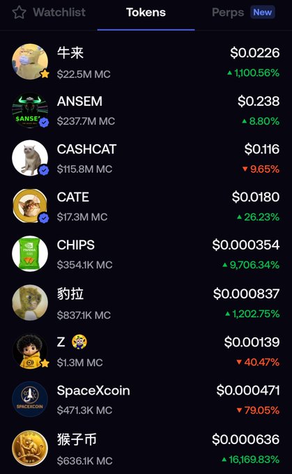 A cryptocurrency token list shows tokens including 牛来, ANSEM, CASHCAT, CATE, CHIPS, 豹拉, Z, SpaceXcoin, and 猴子币, with prices in dollars and percentage changes indicating significant volatility, including a 16,169.83% gain for 猴子币.