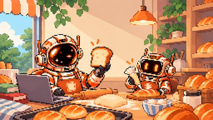 A pixel art illustration shows two astronauts in orange suits baking bread together in a warm, cozy kitchen filled with loaves of bread.