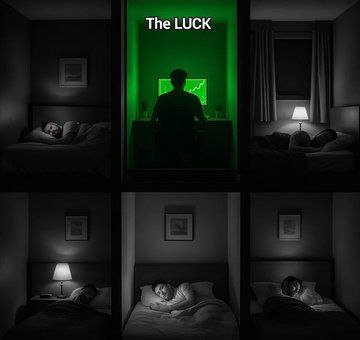 A silhouette of a person sits at a glowing green computer monitor labeled "The LUCK," while surrounding panels show others asleep in dark bedrooms, illustrating how one person's late-night good fortune contrasts with the quiet rest of those around them.
