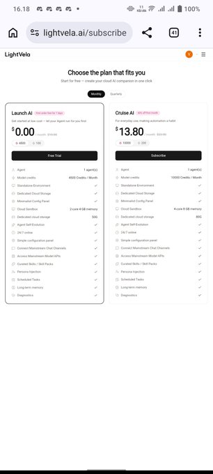 The image shows the LightVela subscription page displaying two pricing plans—Launch AI at $0.00/month and Cruise AI at $13.80/month—featuring details like 1 agent, 4,500 credits/month, and 2 vCPU + 4GB memory sandbox for the free tier.