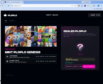A screenshot of the Ploplo website showing the "Mint Ploplo Genesis" page with various NFT character thumbnails and a "Sealed Ploplo" mystery box section featuring a glowing question mark. The caption ties to the post's announcement about completing a mint at ploplo.ai/mint on the Ritual network.