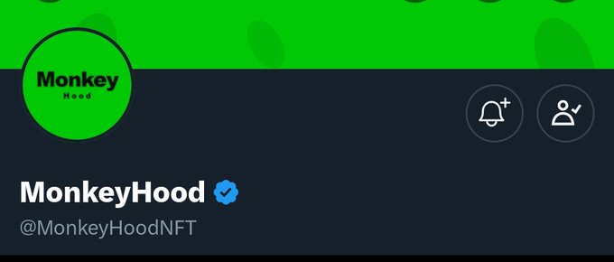 The image displays a Twitter/X profile header for "MonkeyHood" (@MonkeyHoodNFT), featuring a verified blue checkmark, a green circular logo with the "Monkey Hood" branding, and a dark gray background. This profile banner aligns with the accompanying post promoting the MonkeyHood NFT collection, which has a 10,000 supply, is launching on the Robinhood chain, and will offer an exclusive dApp for holders.