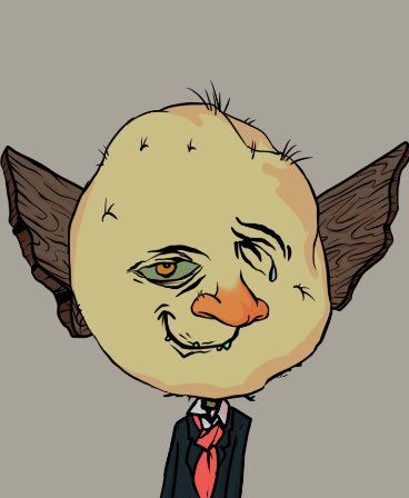 A cartoon character featuring a bald man with pointed elf-like ears, a sinister grin, and a large orange nose, wearing a black suit with a red tie.